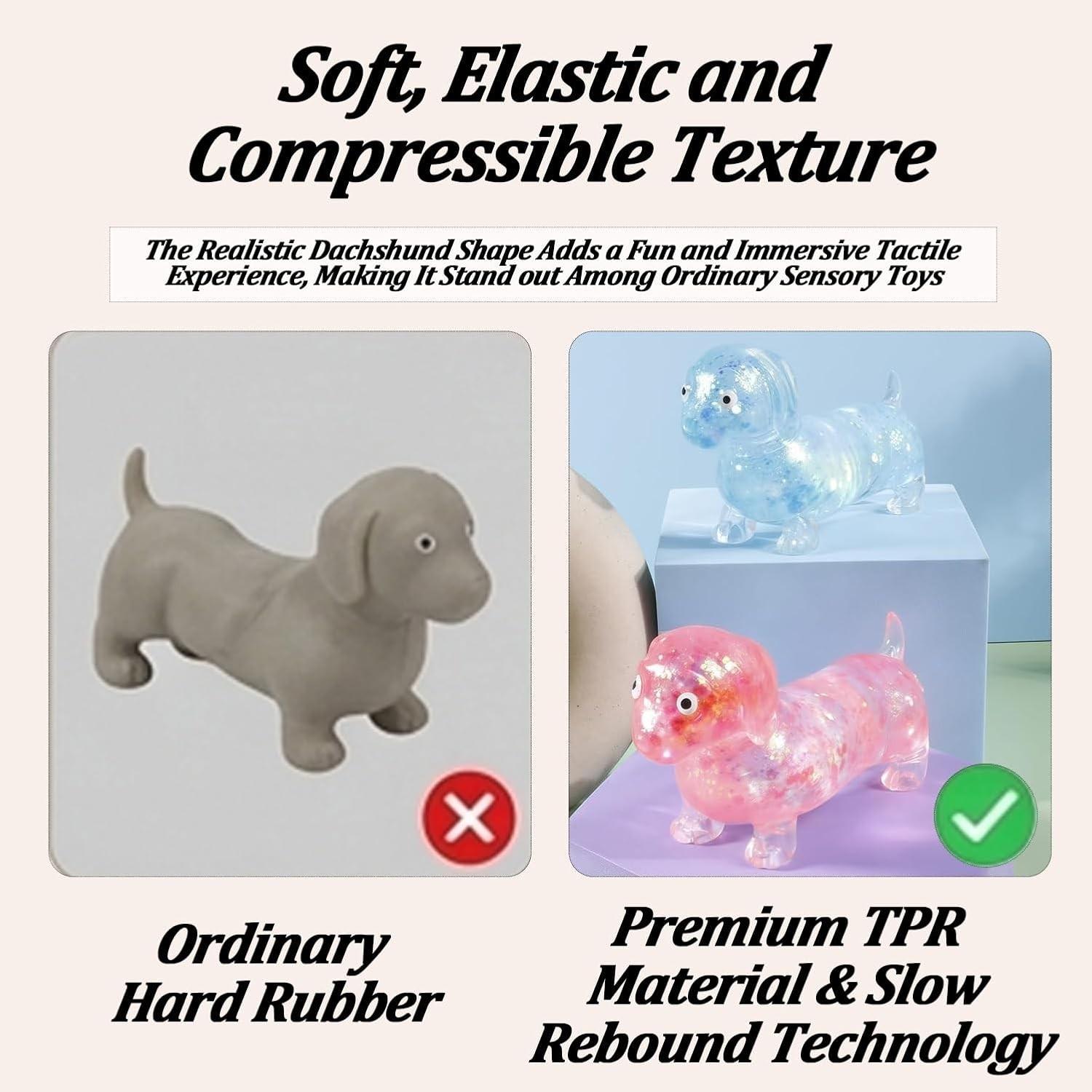 Anxiety Squishies, Fidget Cube Stress Relief, Dachshund Squishy Stress Toy,  Upgraded Sparkly Sausage Dog Gel Stretch Ball, Cute Mini Dogs with Face for kids Adults