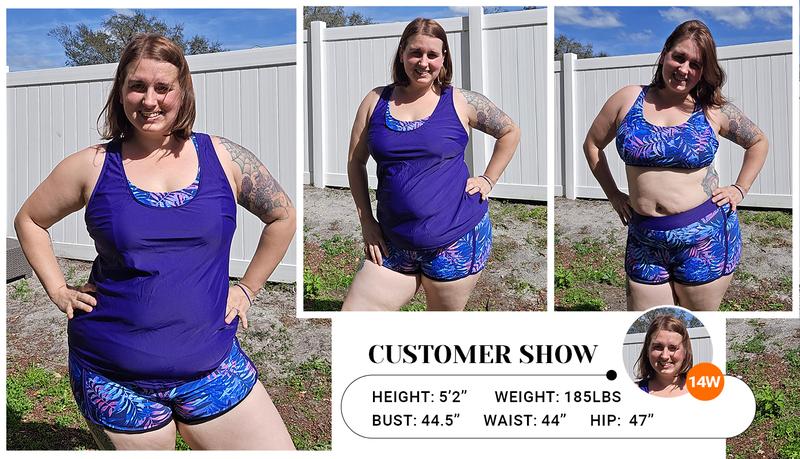 Holipick Women Plus Size Three Piece Tankini Swimsuits Tummy Control Bathing Suits with Boy Shorts Tank Top with Sports Bra