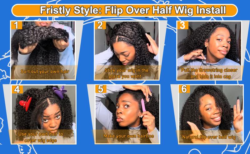 [3 In 1 Half Wig] Glueless Human Hair Wig 250% Density Human Hair Machine Made Wigs Glueless Curly Hair Half Wigs for Women 180% Density Human Hair Natural Color