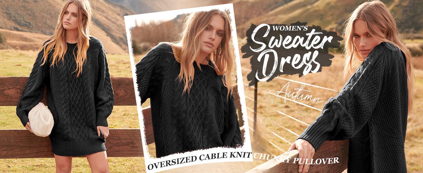 ANRABESS Women Long Sleeve Crewneck Oversized Cable Knit Chunky Baggy Loose Pullover Tunic Minimalist Sweater Dress For Women 2025 Trendy Winter Outfits