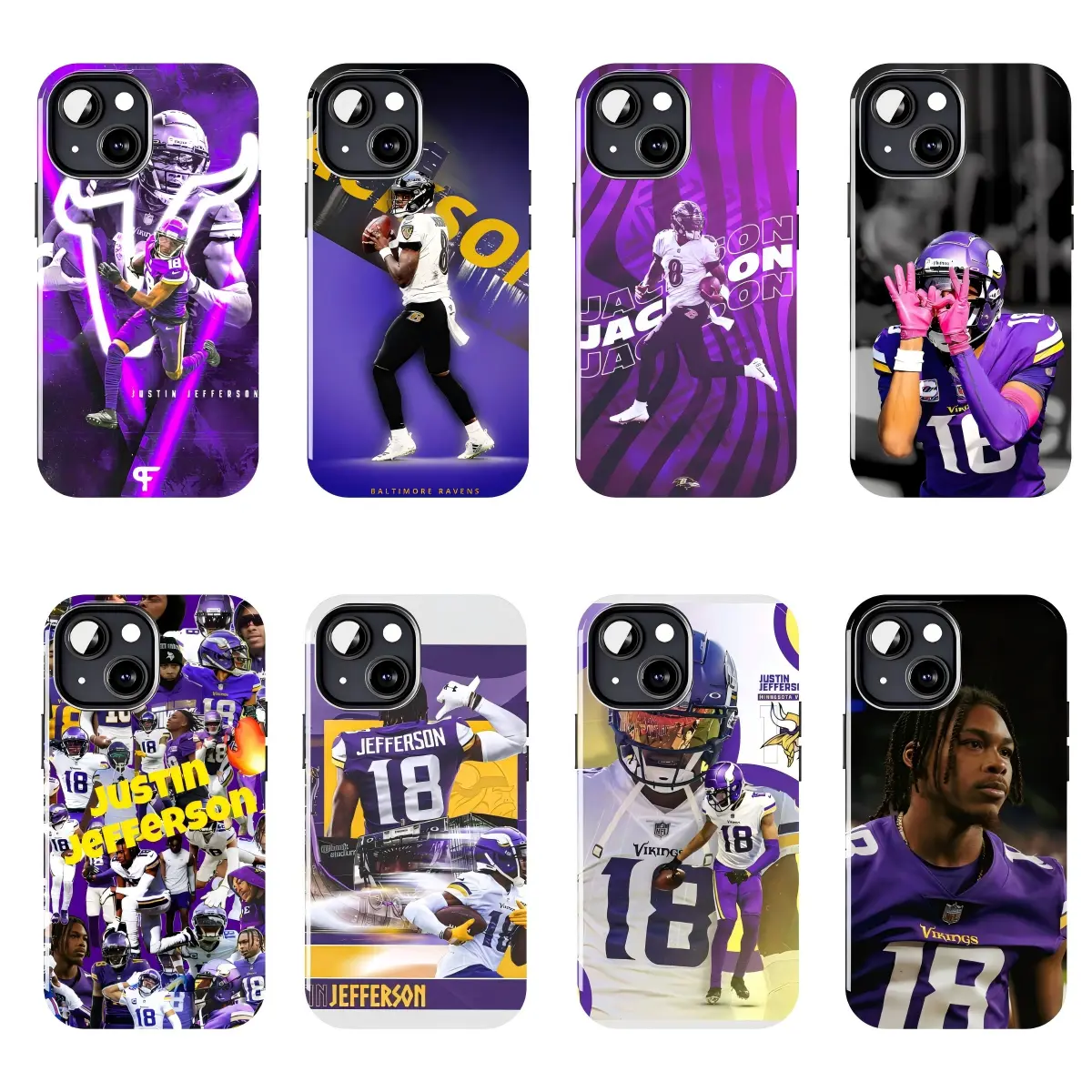 Justin Jefferson Phone Case, NFL Minnesota Vikings Football Theme, Justin Jefferson #18 Player Graphic Design, Purple Sports Fan Phone Cover, Football Athlete Artwork Compatible with iPhone 11–17 Pro Max/Plus series and Samsung Galaxy S23–S25 series.