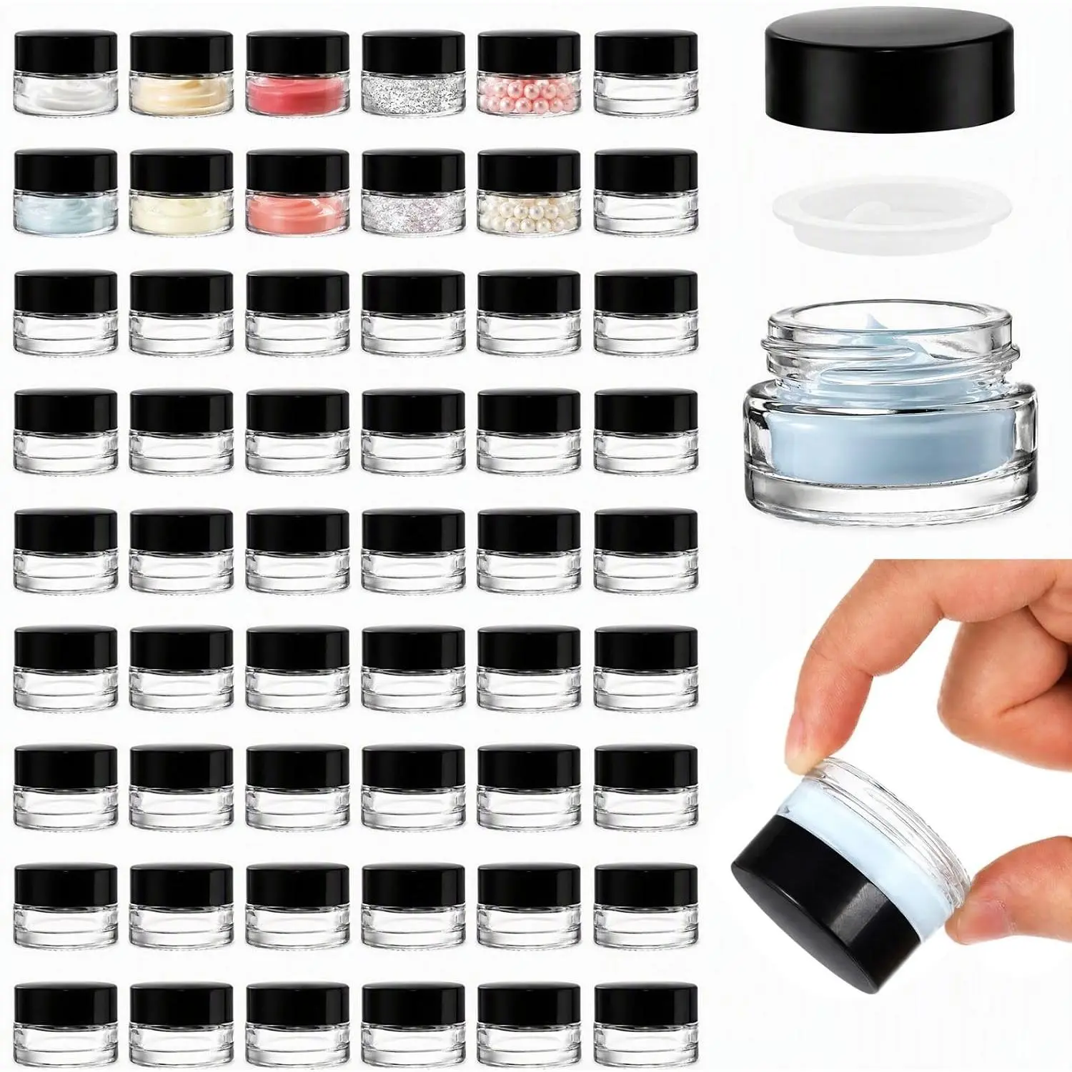 Coloch 90 Pack 5ml Glass Sample Containers with Black Lid, Mini Glass Cosmetics Jars with Inner Liner Bulk Refillable Tiny Glass Jars for Cosmetics, Lotion, Cream, Samples, Wax, Skincare, Travelling