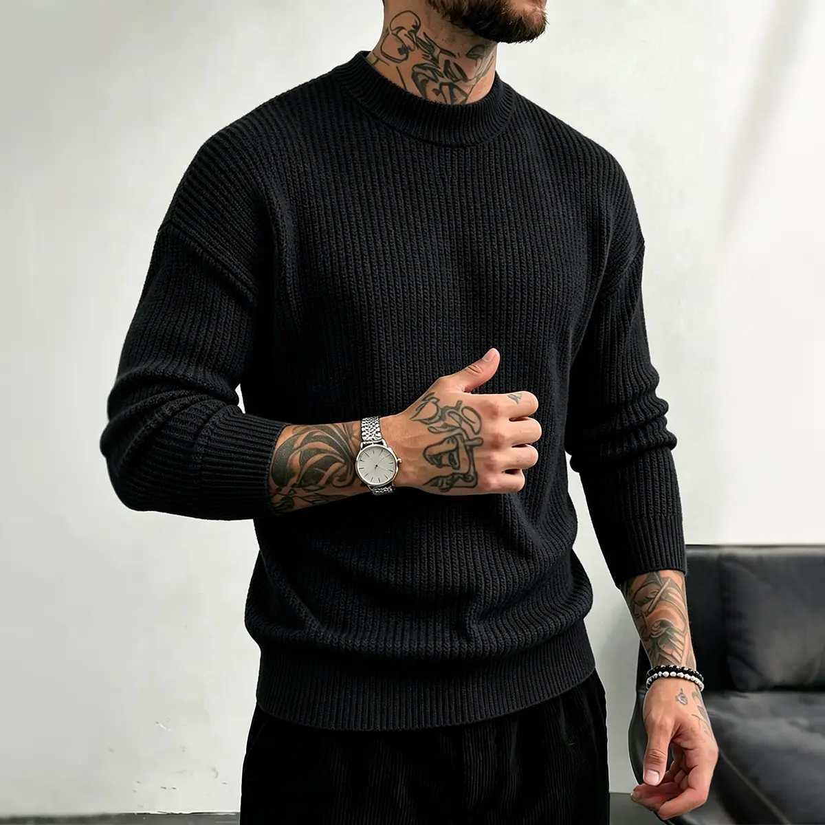 Men’s Crew Neck Chunky Ribbed Knit Pullover Sweater, Relaxed Drop Shoulder Fit, Heavyweight Soft Knit Fabric, Versatile Basic Top, Timeless Casual Streetwear Knitwear for Fall Winter Daily & Layered Outfits