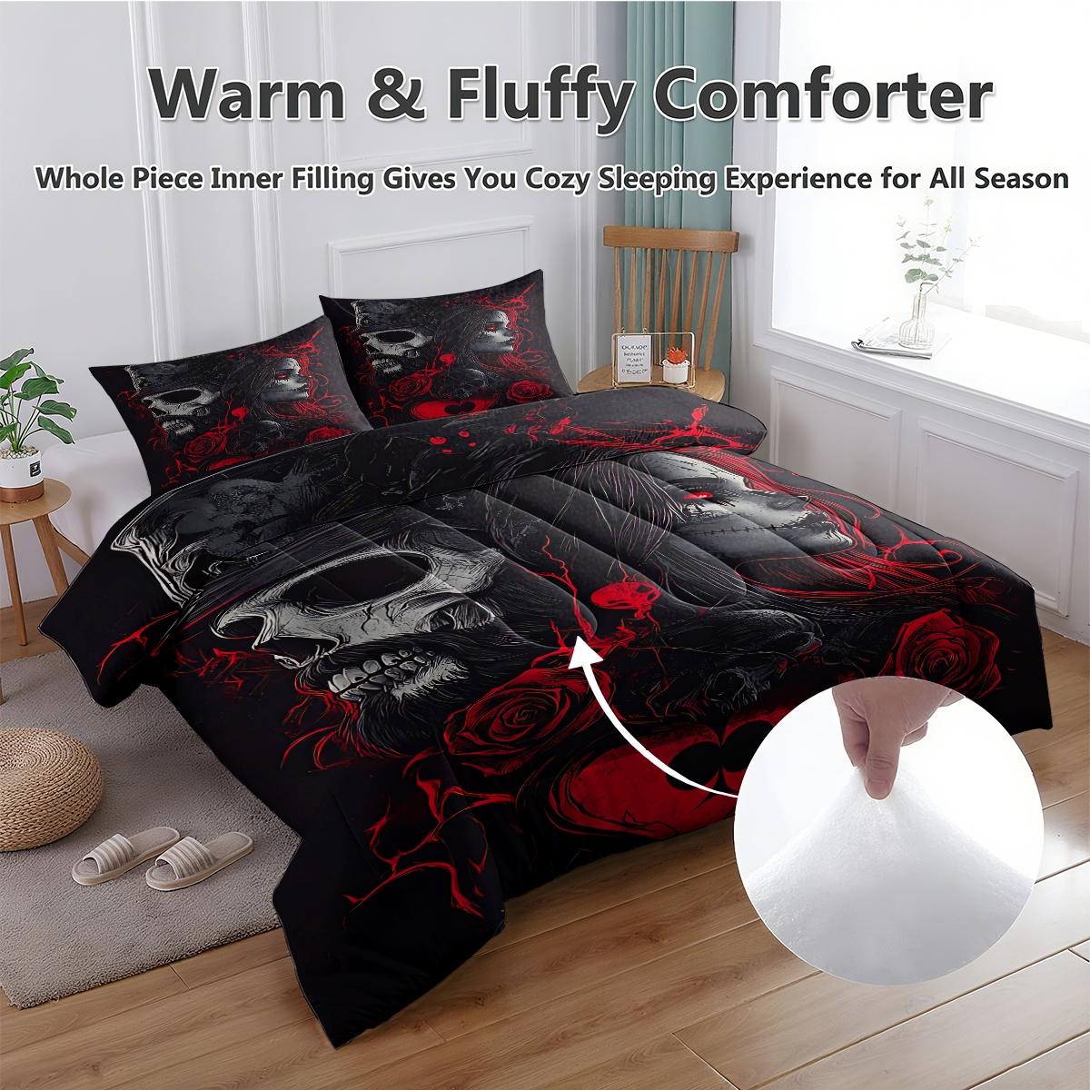 Gothic Skull and Rose Comforter Set, Dark Military Style Bedding Set with Haunting Woman Design, Cozy and Stylish Quilted Decorative Duvet Cover for a Unique Bedroom Makeover, Includes 1 quilt, with 1 or 2 Pillowcase No Pillow Core