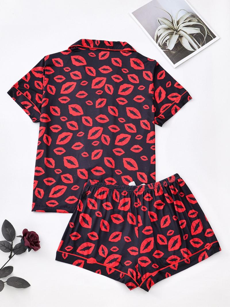 Valentine's Day Bowknot Heart Print Pajama Set, Soft Silk Striped Butterfly Knot Short Sleeve Sleepwear, Women's Comfortable Nightwear