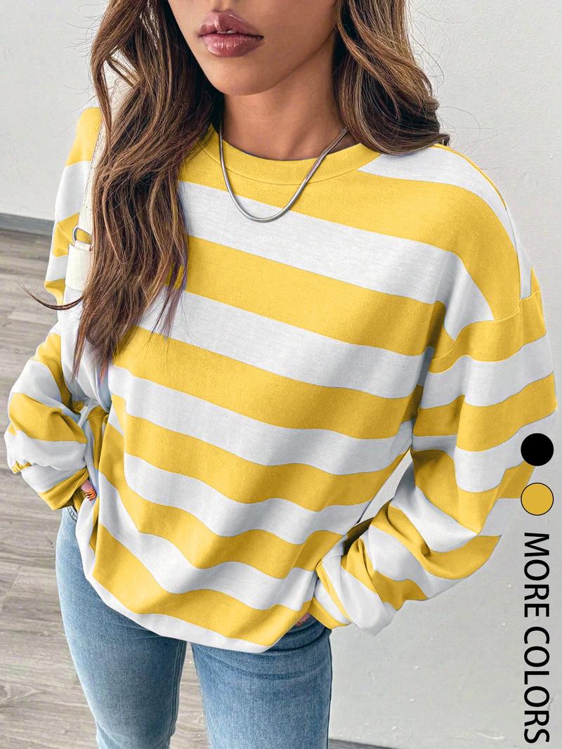 Women's Loose-Fit Striped Round Neck T-Shirt, Casual Comfort Top for Fall & Winter