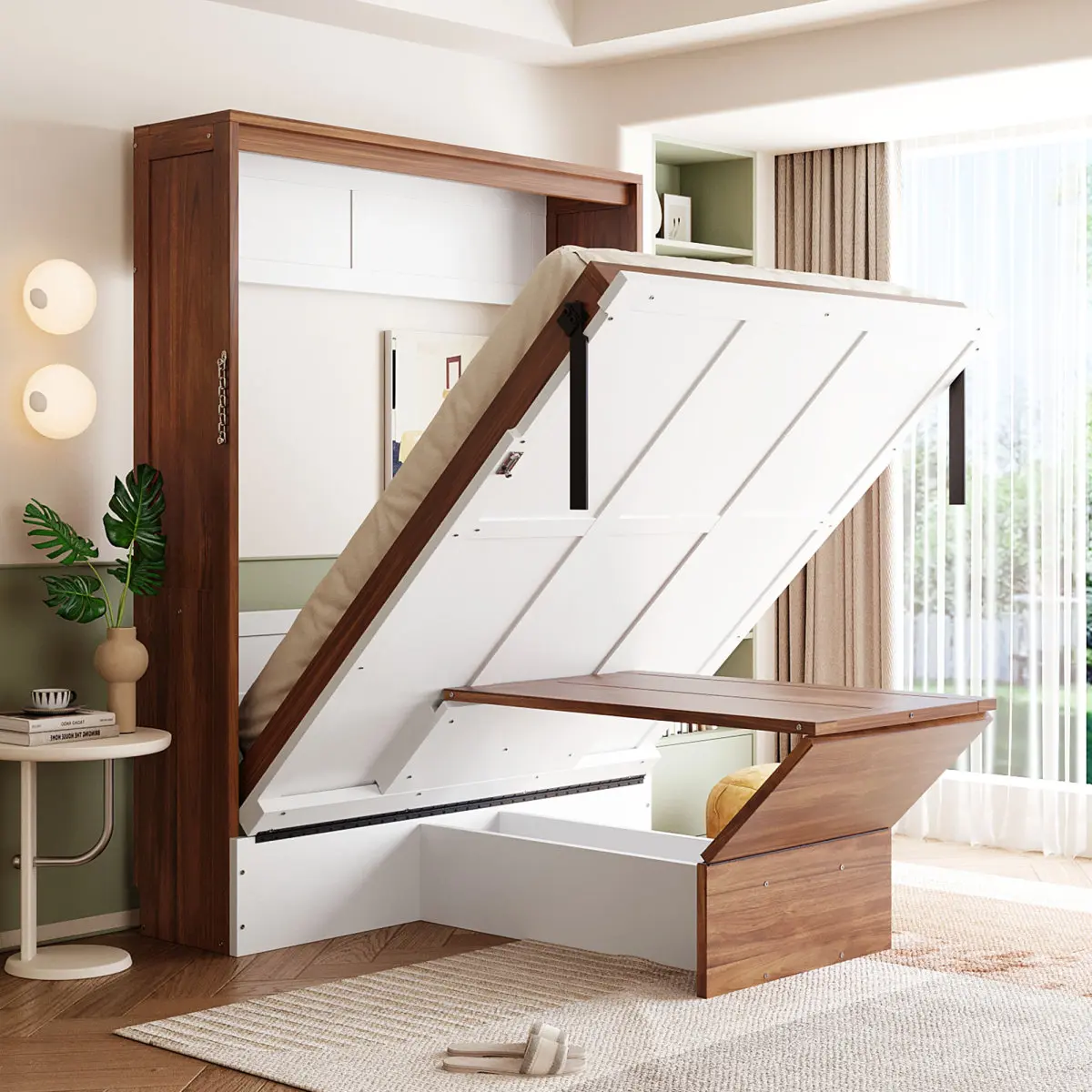 Full Size MDF+LVL Murphy Wall Bed with Foldable Desk - Space-Saving Walnut & White Indoor Furniture (OLD SKU:LP000995AAK)