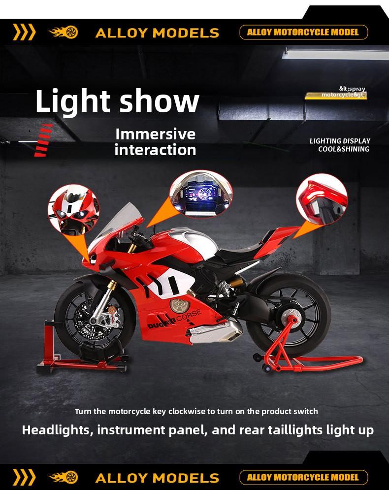 1:6 Ducati V4R electric motorcycle model, capable of starting, with flashing lights, chain-driven, rear wheel rotation, supports adding fuel to the fuel tank. It is an excellent choice for collection and gift giving.
