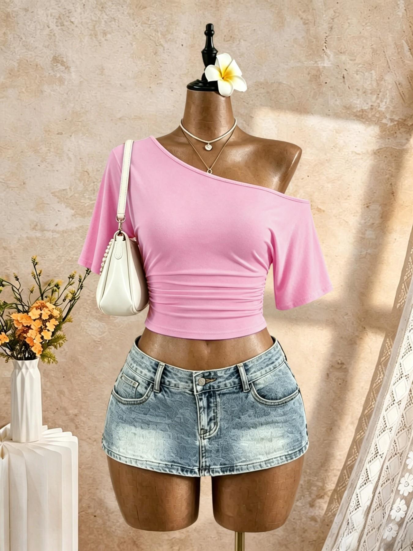 3-Pack Asymmetrical Shoulder Pleated Mid- Sleeve Short T-Shirts, Streetwear Date Wear, Show Waist Slimming Top, Trendy Ladies' Clothing, Casual Chic, Casual Daily Tops