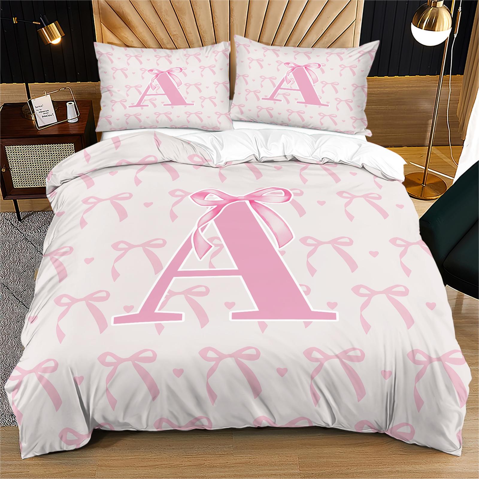 2/3 PCS Pink Romantic Ballet Bow Full Alphabet Initial Duvet Cover Set, Coquette Aesthetic Bedding with Zipper Closure for Easy Removal, Ideal Housewarming Birthday Christmas Gift, No Filling