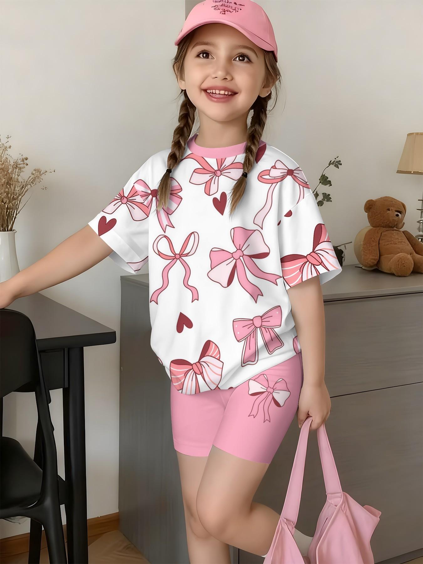 Teen Girl Fashion Street Style Printed Short Sleeve T-Shirt and Fitted Shorts Set, Casual School, Summer Vacation Wear