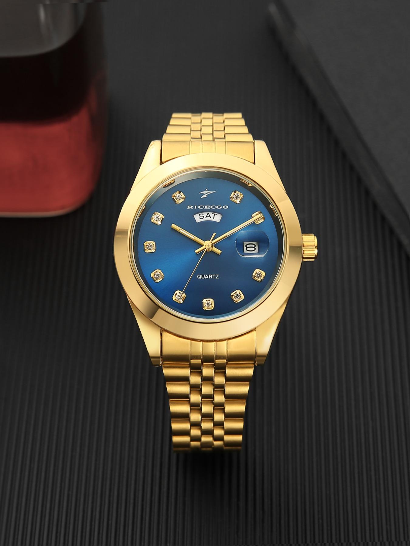 RICECGO Men's Quartz Watch Luxurious solid gold finish Elegant Round Dial Diamond-set hour markers sparkle with eye-catching brilliance Features day and date display Exudes prestige for business gifts Limited-time offer—act fast before it's gone