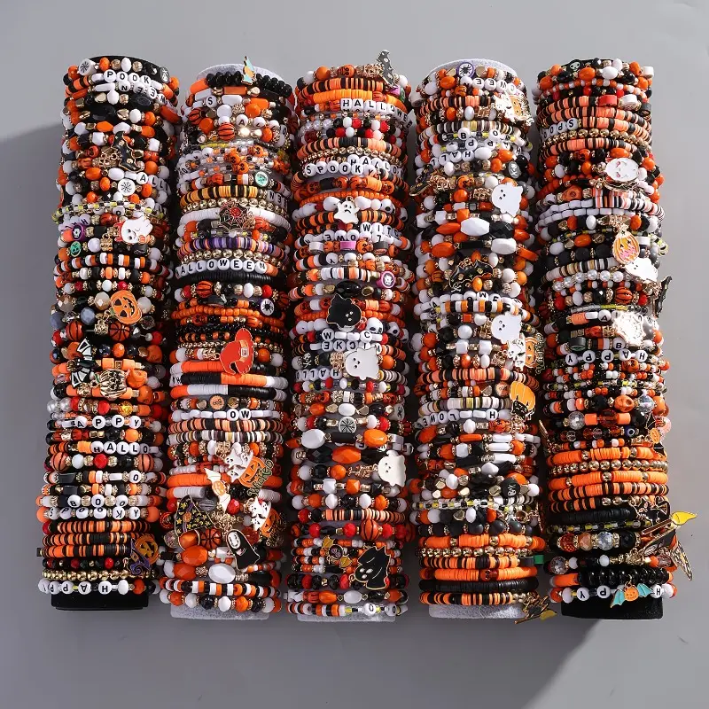 10/20/30pcs Gothic Vintage Halloween Bracelet, Ghost Witches, Bats Pumpkin Witch Hat Pendant Soft Pottery Bead Basketball BOO Character Women'S Fashion Stackable Halloween Gift Bracelet Set