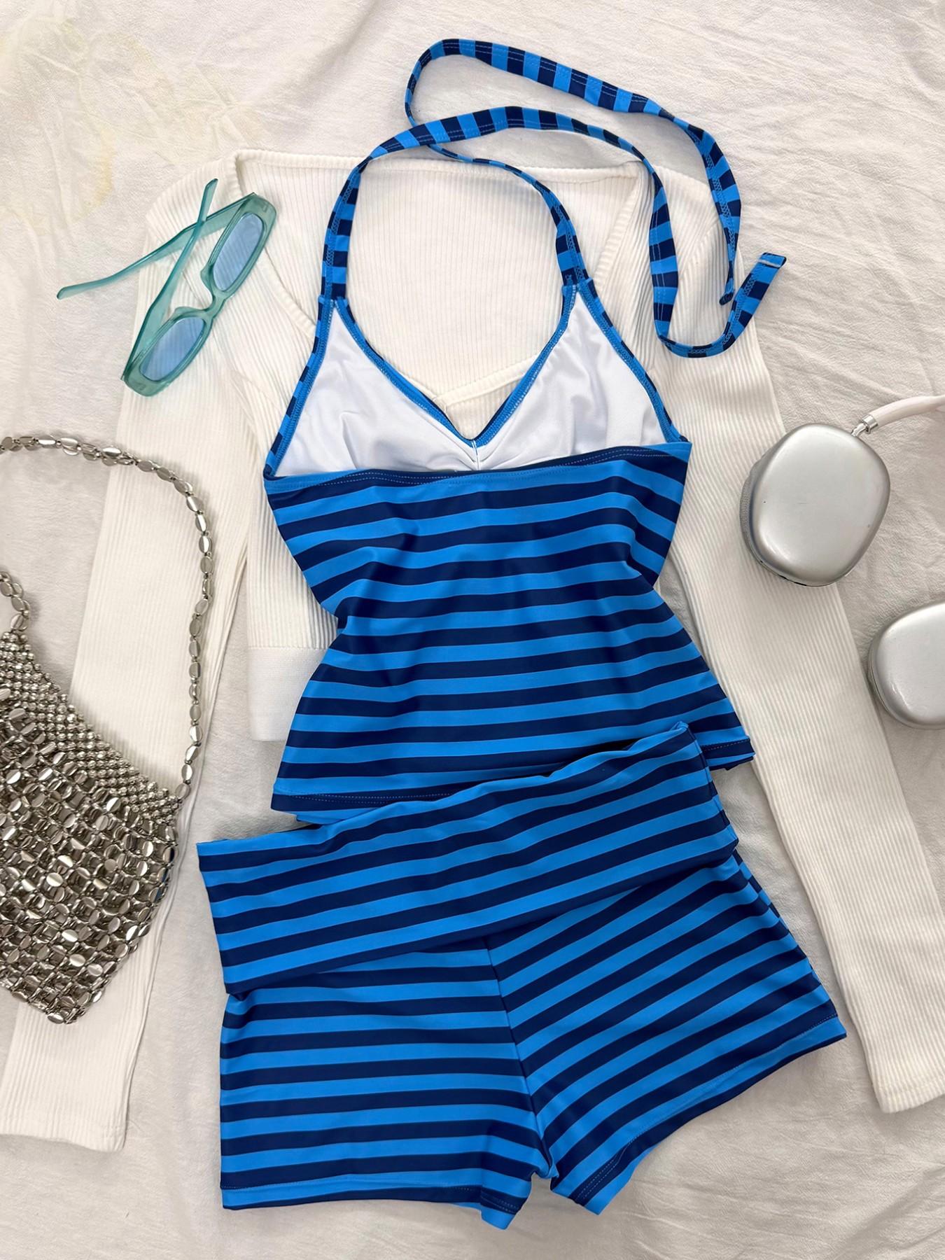 Women's Swimsuit tankini,elegant and Sexy stripe Print crop top halter  swimsuit boyshort short pants for Vacation ,Beach Outfits,pool and sporty outfit, For Autumn And Winter  SS26 spring and summer Sporty Appeal Striking Stripes Striped swimsuits