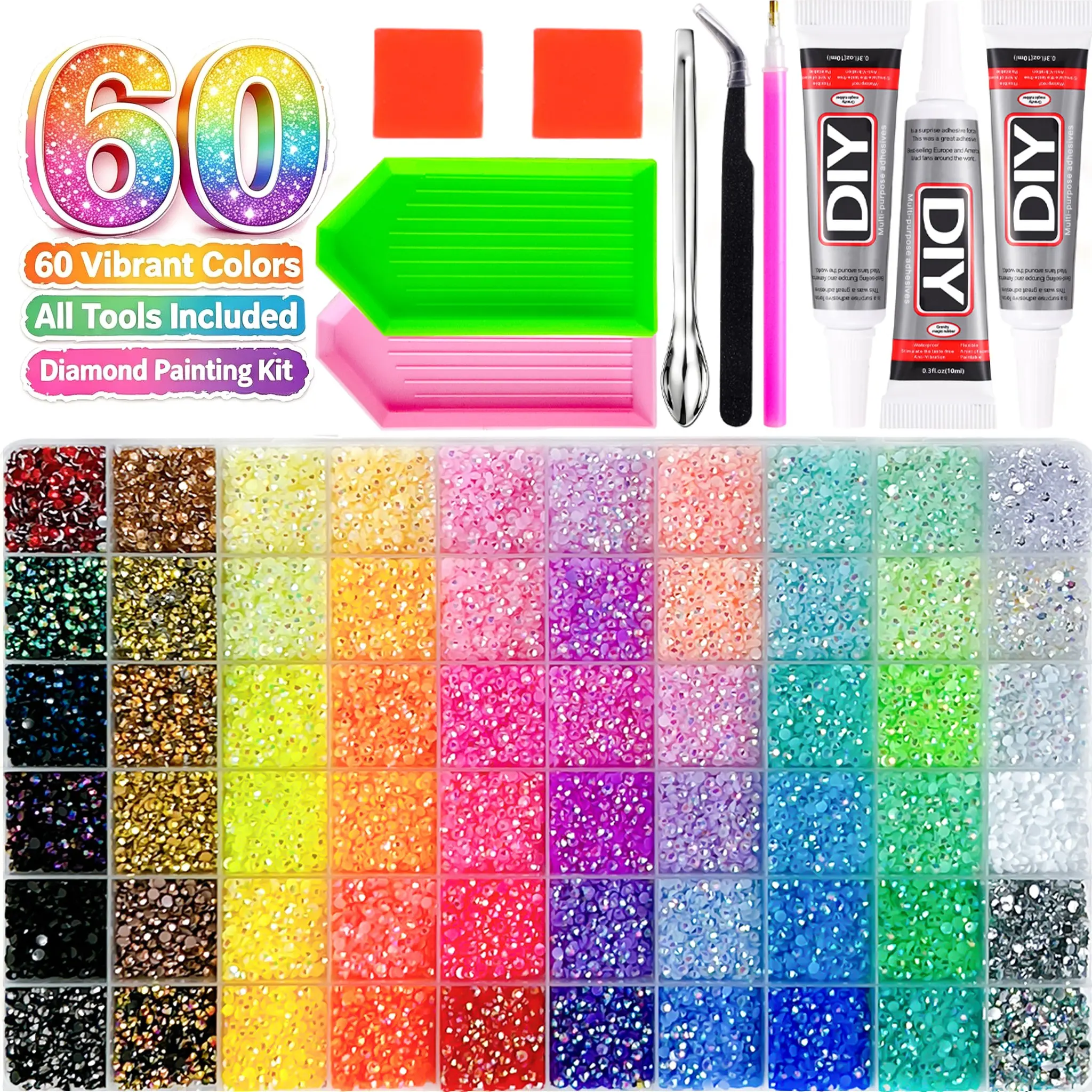 1Box-AB Bling Mini Jelly Nail Bedazzling Rhinestones Kit 60 Colors 3mm Semi-circular Flatback Resin Nail Gems Diamond Art with Tools for DIY Tumblers Clothing Nails Ornaments Holiday Gifts