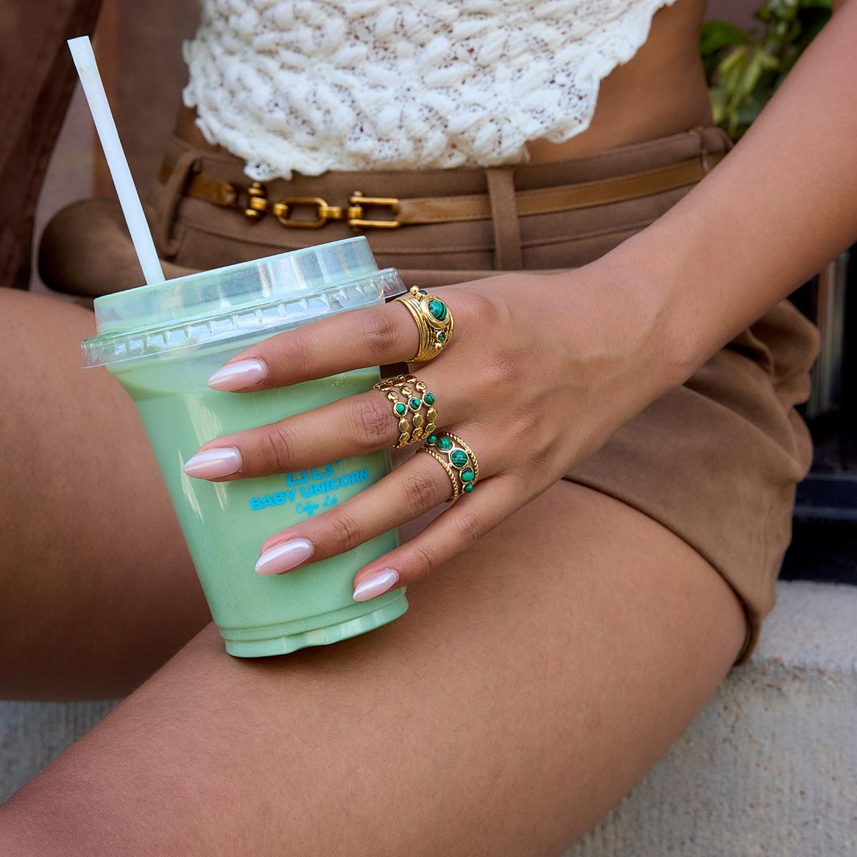 This Lady s Ring Set Can Be Stacked With Malachite Featuring Multiple Layers Of Hollowed Out Openings Adjustable Stainless Steel 18k Gold Plating Water Resistance Allergy Resistance And Retro Quality For Banquet Jewelry