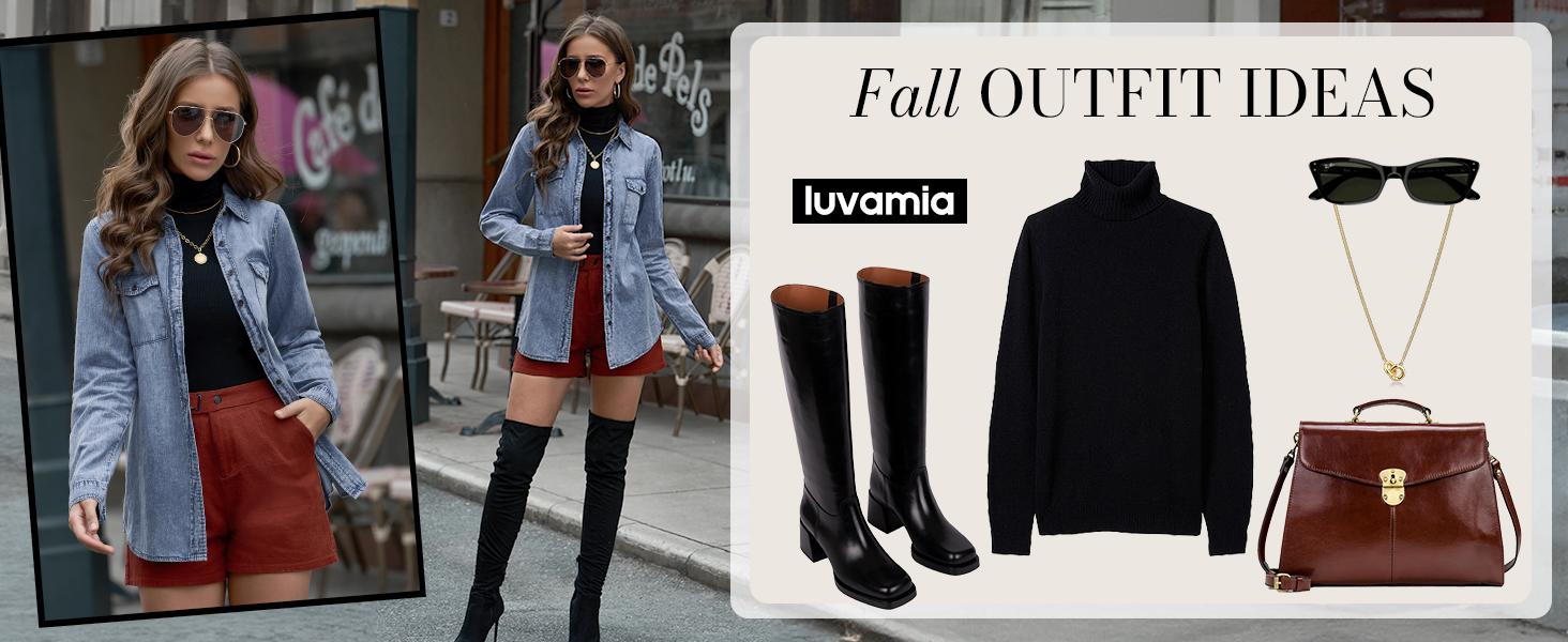 luvamia Denim Shirt Women Chambray Jean Western Shirts Long Sleeve Button Down Tops Cotton Collared Casual Womenswear Blouse