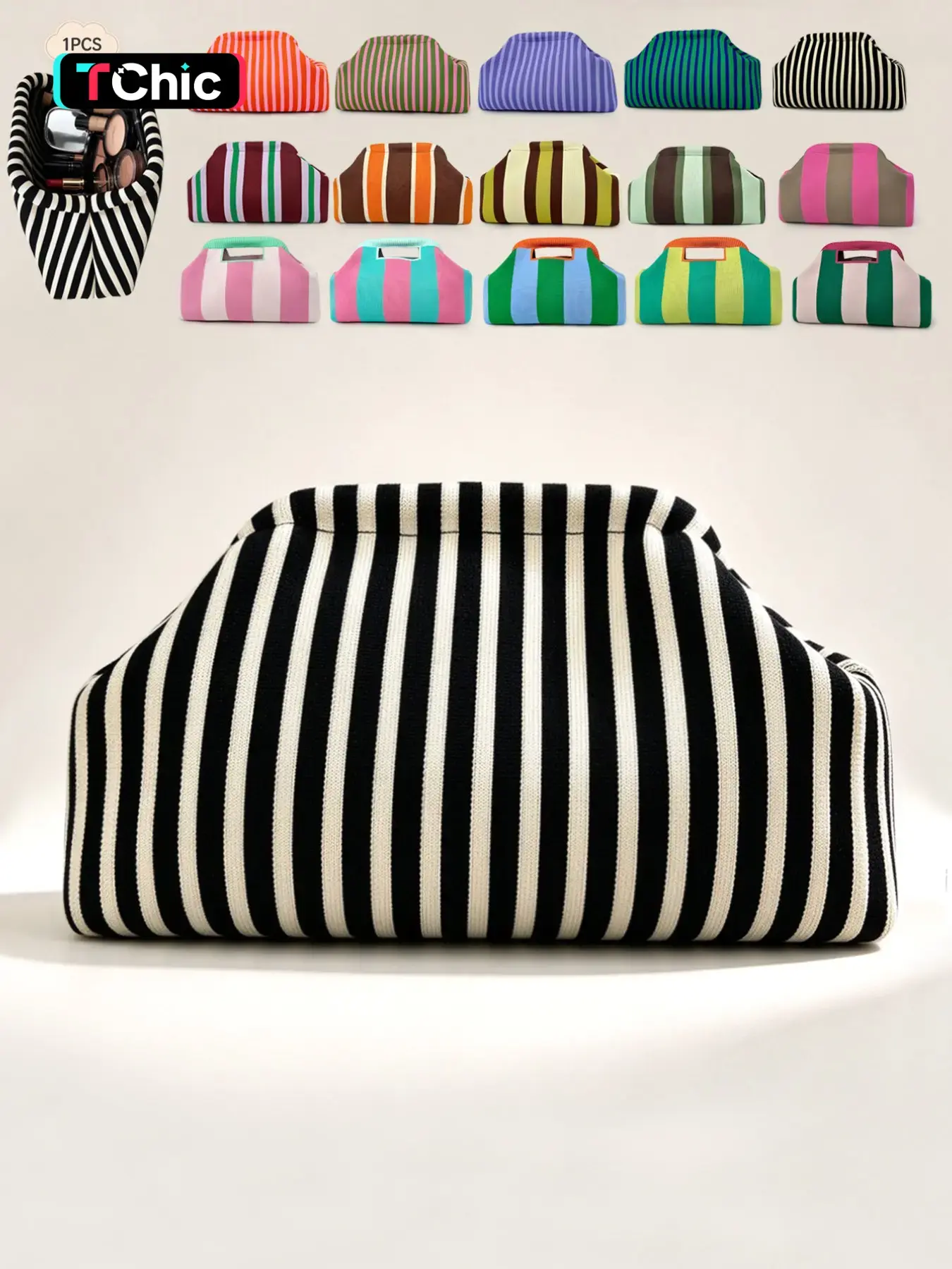 【Black Friday】2026 Fall Winter Women's Striped Knit Handbag, Large Capacity Makeup Bag, Foldable Cosmetic Bag, Ideal for Daily Use and Travel, Travel Makeup Pouch