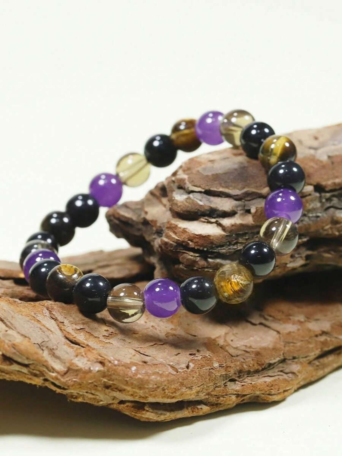 1pc Natural Tigereye & Amethyst Bead Stretch Bracelet, Energy Balancing Crystal Jewelry Gift For Men & Women