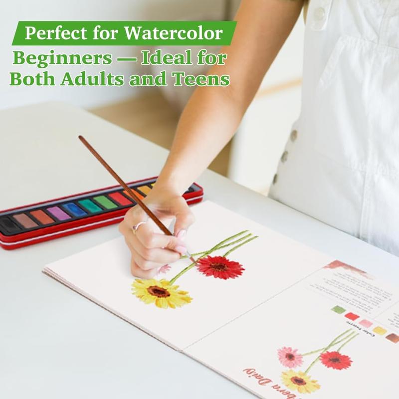 SkilLify Watercolor Flowers Workbook, Beginner Watercolor Paint Set, Flowers WaterColor Book, Arts & Crafts Coloring Book for Adults and Teens with 12-Color Paint Set & Brush, Valentine's Day gifts
