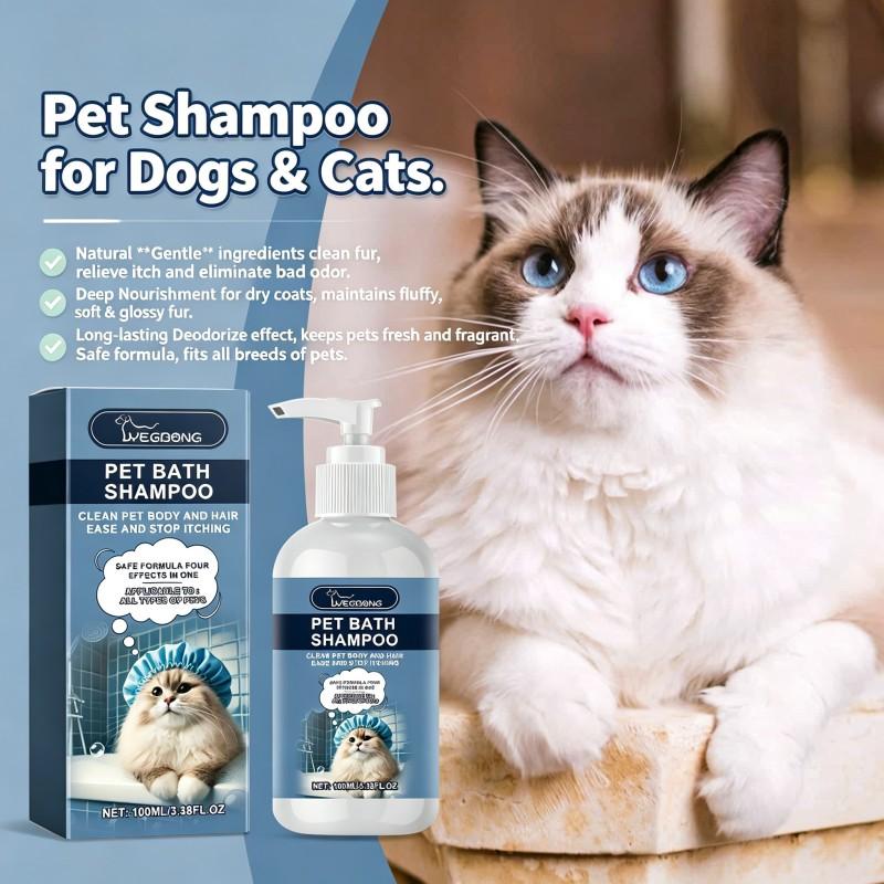 Pet Shampoo for Dogs, Cats and Kittens. Natural mild ingredients gently clean fur, soothe itchy skin and remove odors. Deeply nourishes dry coats to keep hair fluffy, soft and shiny. Safe formula, suitable for all pet breeds.