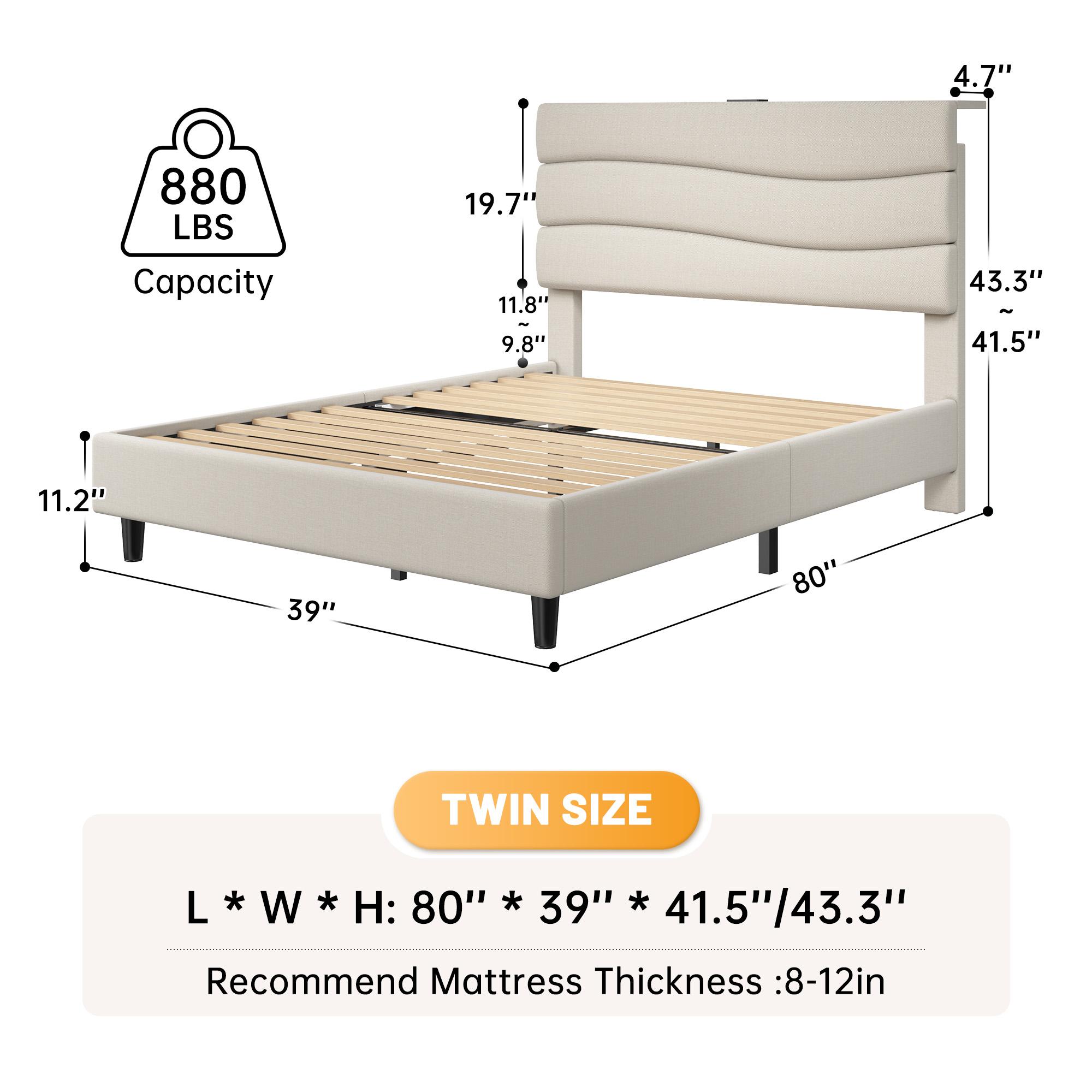 【JumpStar Sale】Raybee Quiet Luxury Upholstered Bed Frames for Queen with Headboard & Charging Station, No Mattress,Bed Frame with Storage Shelf, Flatform Bed Frame Holds 880LBS, No Noise, No Box Spring Needed, Twin, Full,King, Beige, Gray