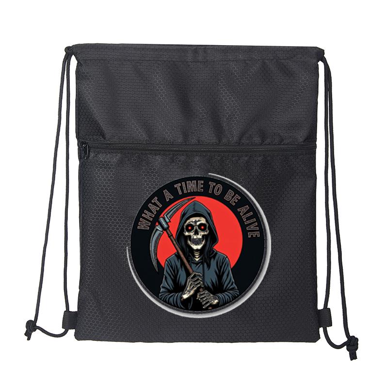 Grim Reaper Printed Drawstring Backpack Durable Gym Bag with Zipper Pocket for Outdoor Sports Travel School Use Trendy Casual Style Perfect Halloween Birthday Christmas Gift for Teen and Young Adults