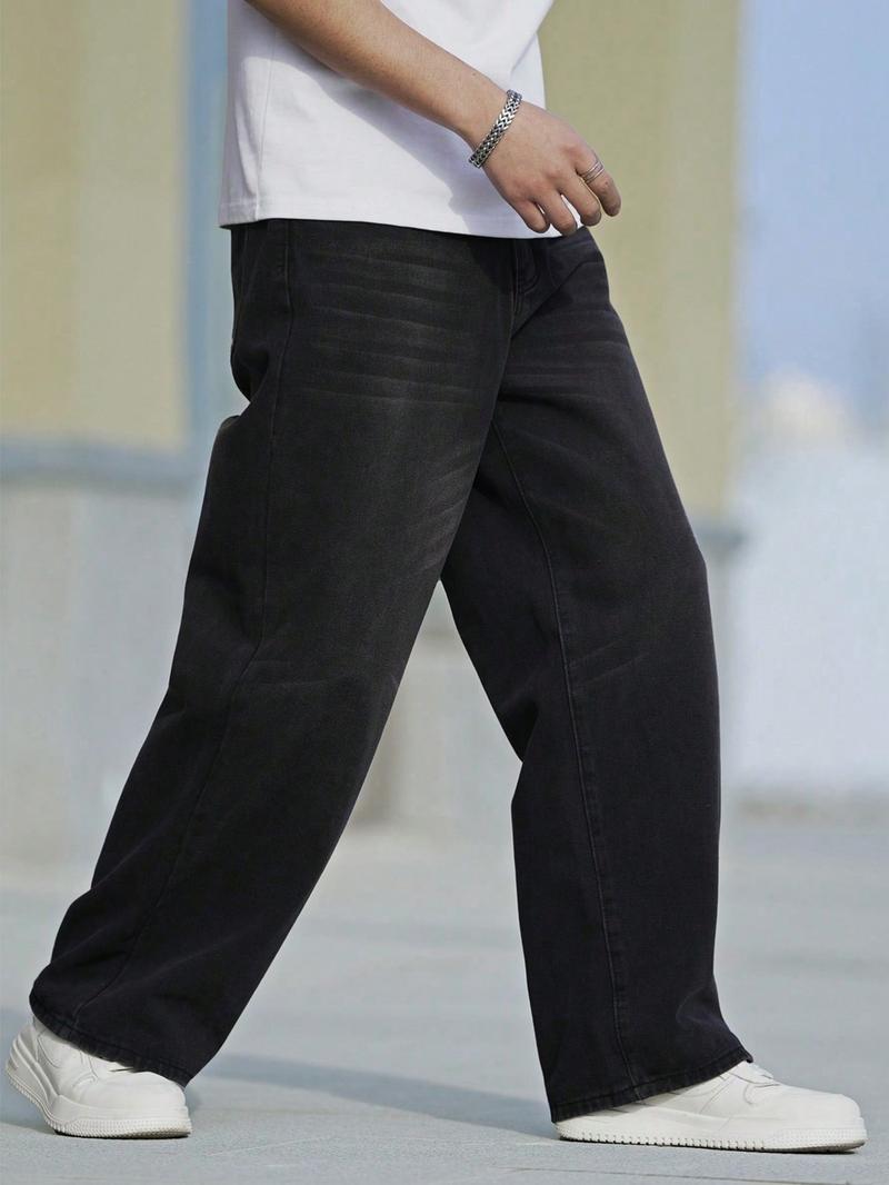 Plus Size Men's Solid Color Wide Leg Jeans, Loose Street Fashion Casual Comfy Pocket Denim Trousers, Jean Pants Bottoms for Daily Wear, Men's Bottoms for All Seasons, Casual High Rise