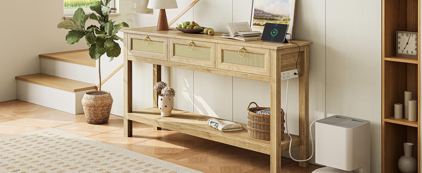 SUPERJARE Rattan Console Sofa Table with Outlets and USB-C Port, 3 Drawer Entryway Table with Synthetic Rattan Surface, Open Shelf, Behind Couch Entry Foyer Hallway Storage