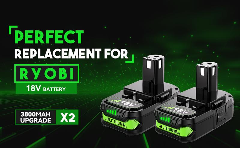 3800mAh 2Pack P102 Replacement for Ryobi 18vBattery Lithium-ion Battery for Ryobi 18V ONE+ Battery with Charger for Ryobi P117 P118 P108 P107 P104 P105 P103 for Ryobi 18v Cordless Tool Battery