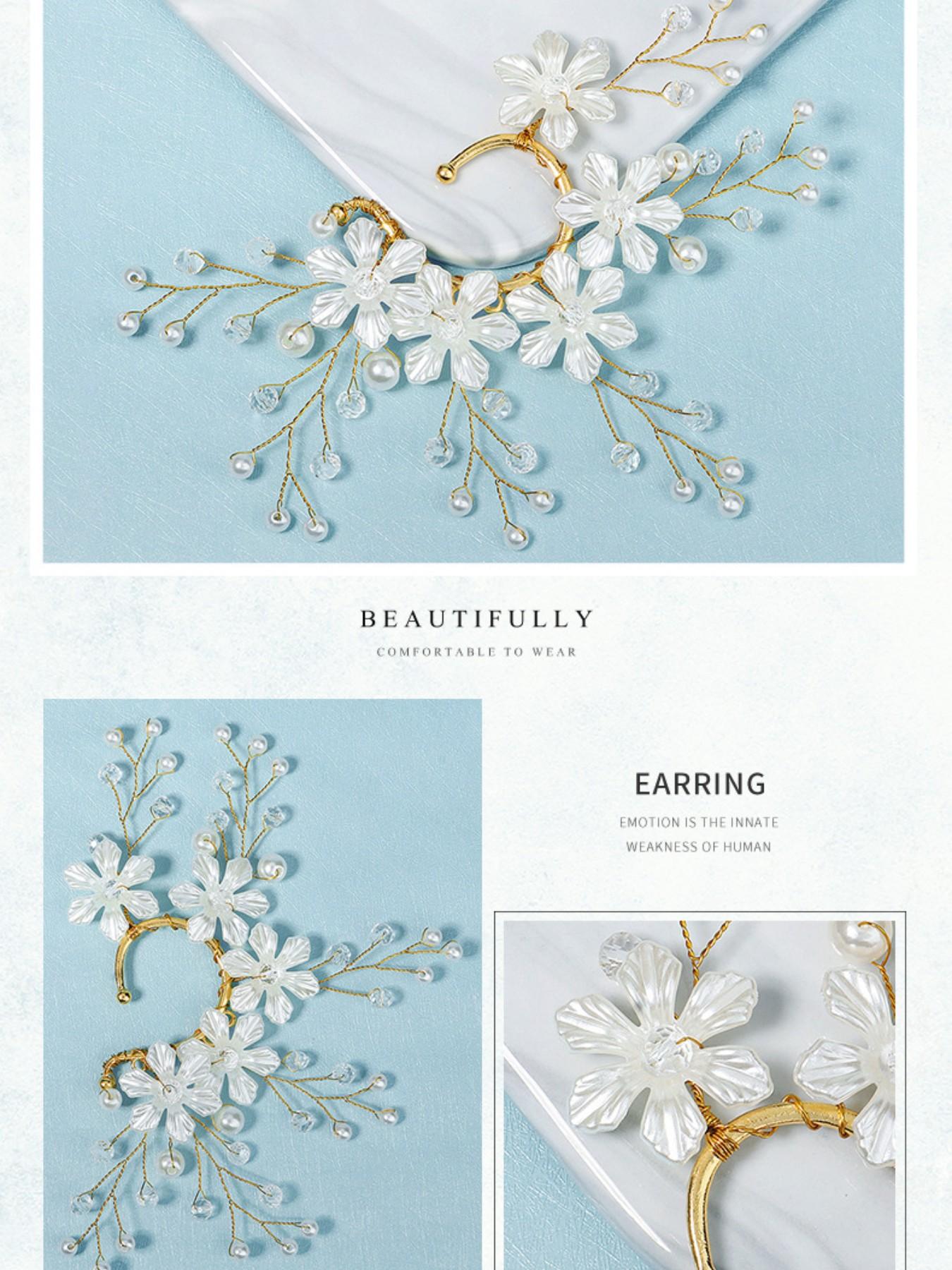 Elegant Flower Pearl Crystal Ear Clips, Handmade No-Piercing Earrings, Bridal Wedding Hair Accessories, Party Gifts