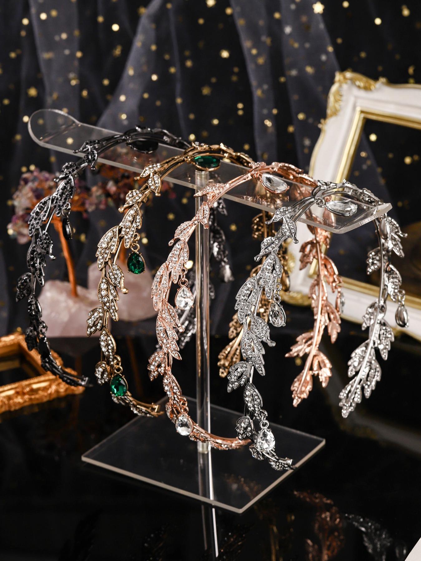 Vintage Creative Alloy Rhinestone Leaf Water Drop Pendant Headpiece Crown, Adjustable Bridal Party Accessory, Holiday Gift