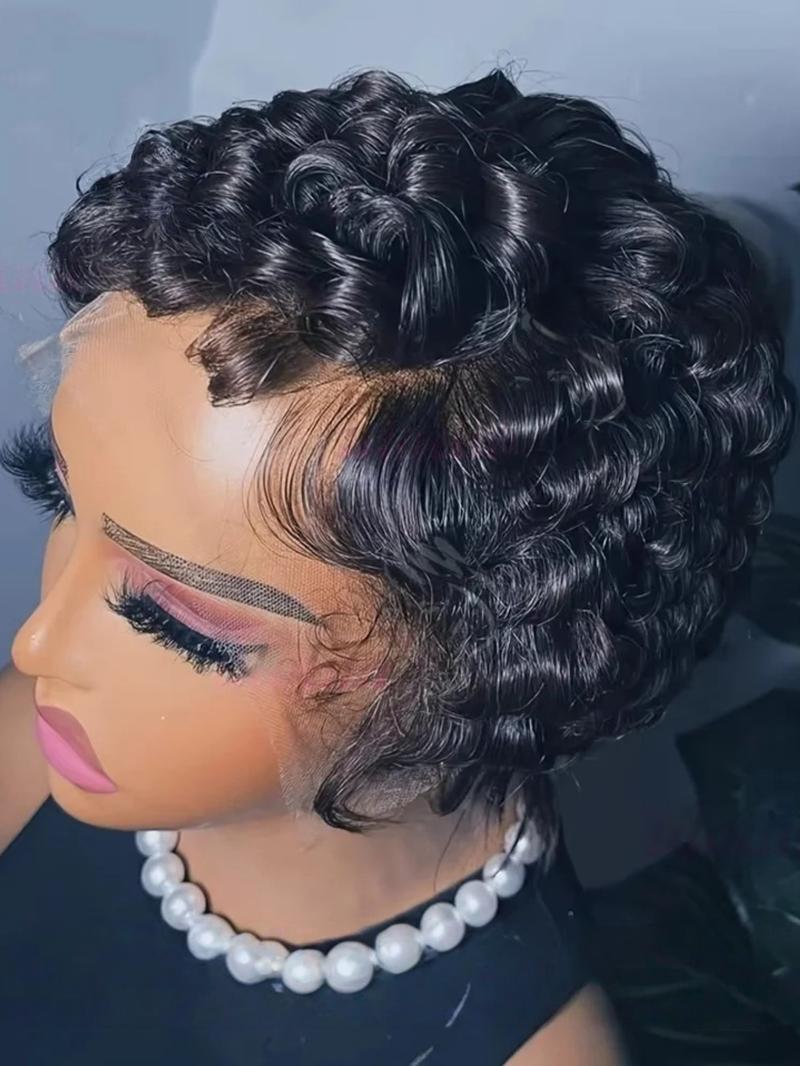 Pixie Curls 13x4 Lace Front Wigs, Short Bob Human Hair Wig for Women, 180% Density Curly Wavy Hair, 6 Inches Pixie Cut