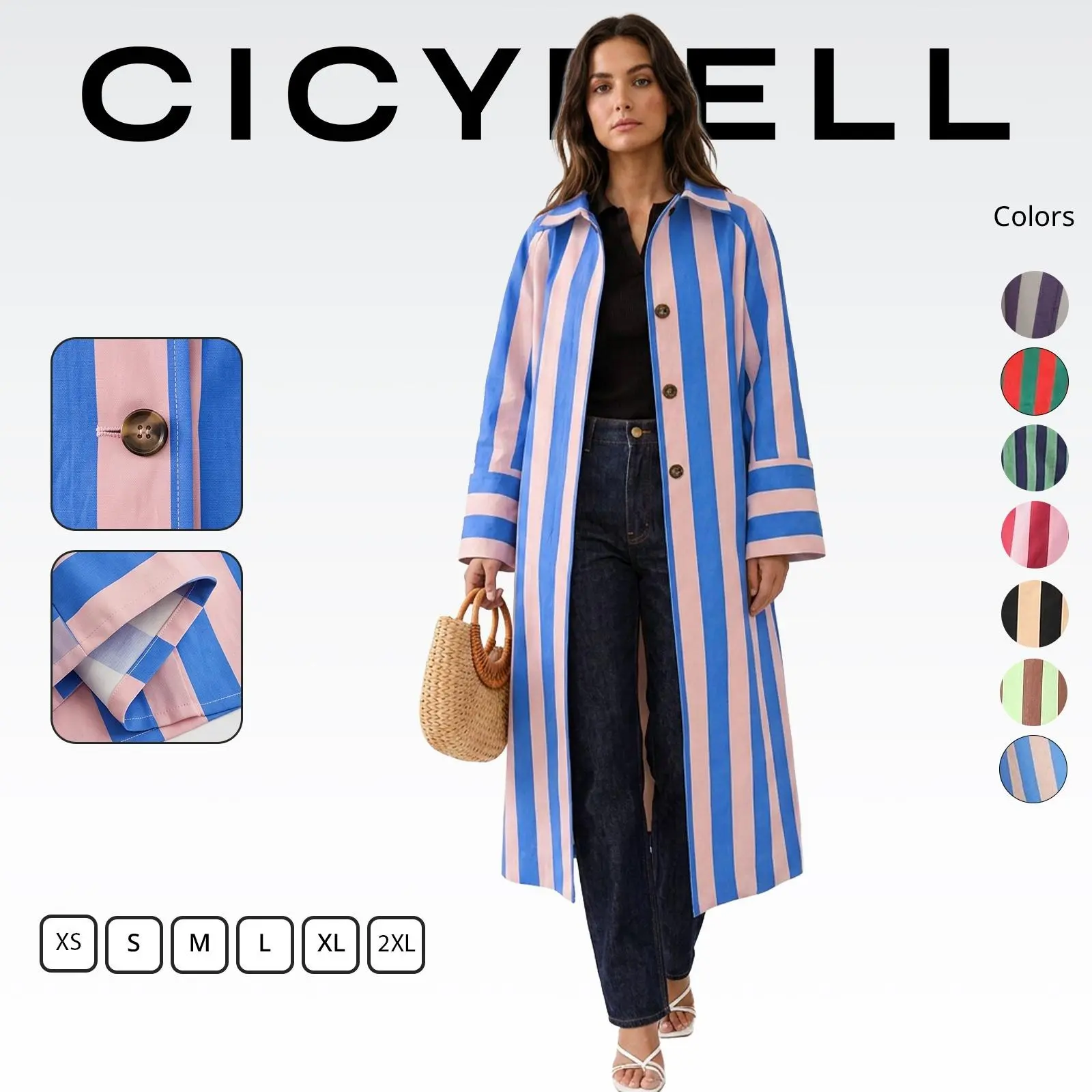 Cicy Bell Women's Striped Long Trench Coats Oversized Single Breasted Coats