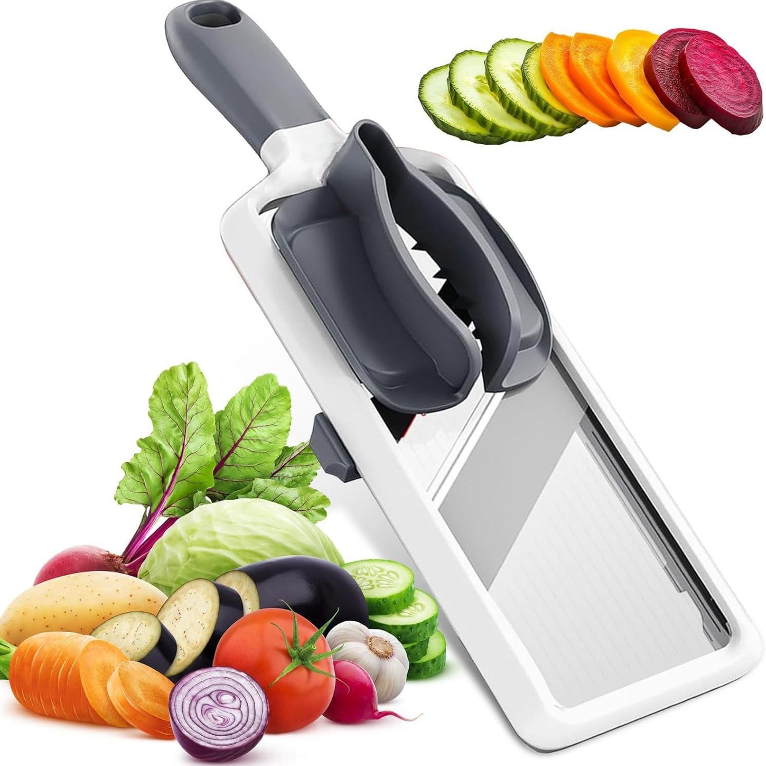 1 Mandolin Slicer, Vegetable Cutting Slicer, Hand-Held Multifunctional Vegetable Slicer with Adjustable Thickness, Food Holder, Suitable for Slicing Fruits and Vegetables, Essential Kitchen Tool