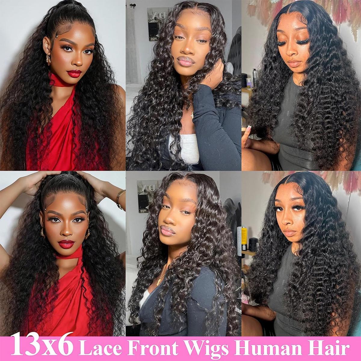 Pizazz Hair Deep wave 13x6/13x5 HD Transparent Lace Front Human Hair Wigs Deep Part Curly Wigs for Women Pre Plucked Pre Bleached