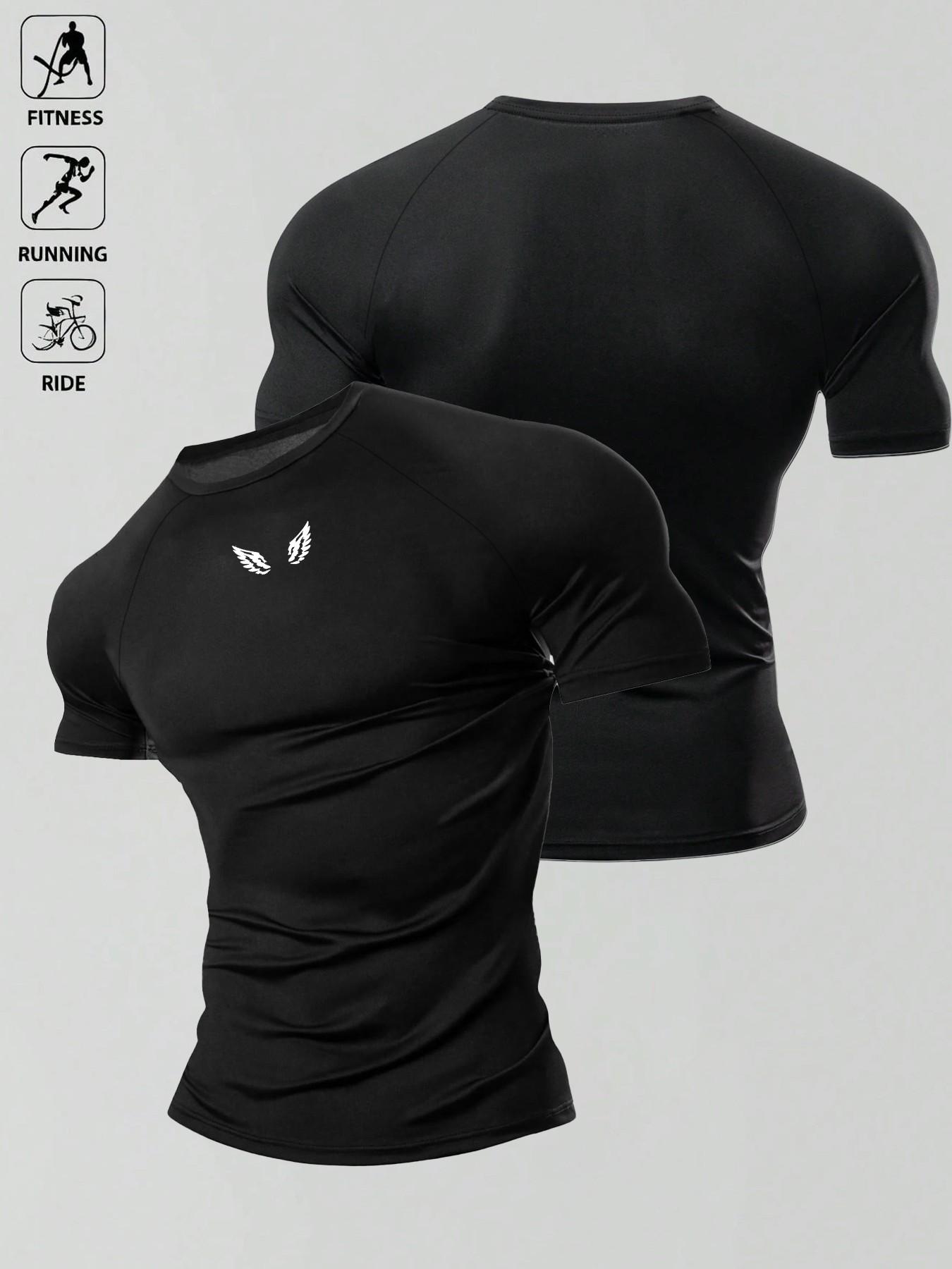 1pc Men's Muscle Fit T-Shirt Black Tight Compression Minimalist Wing Print Short Sleeve Gym Workout Bodybuilding Edgy Streetwear Summer Activewear Casual Fitness Top For Male Athletic Weightlifting Training Fitness Clothes Tops