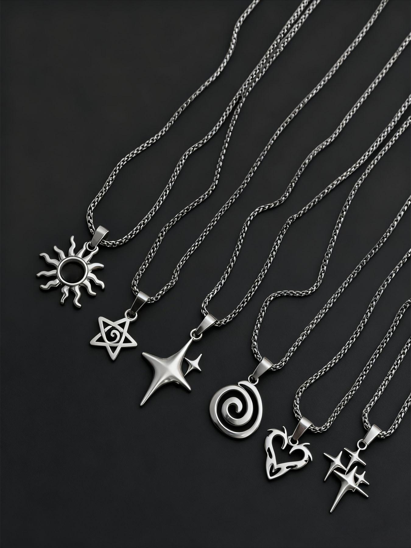 6 Piece Set Y2K Flame Heart Star Spiral Sun Pendant Necklace, Stainless Steel Chain, Punk Simple Unisex Couple Jewelry for Daily Party, Fashionable Jewelry Accessories