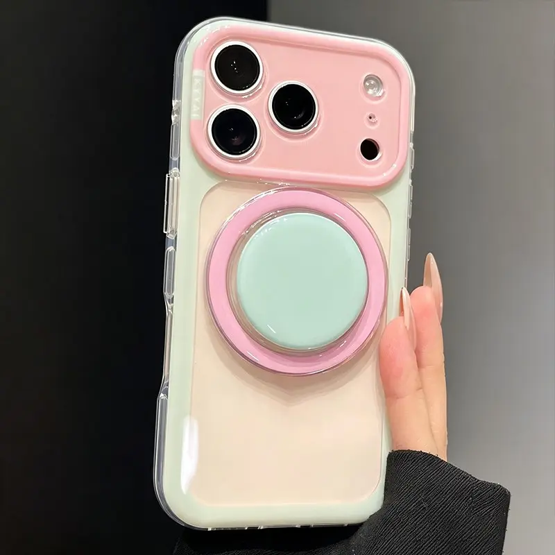 Jelly colorful contrasting color block diagram+circular detachable magnetic bracket suitable for iPhone 18/15/14Pro Max vacuum airbag semi transparent compatible MagSafe wireless charging dopamine couple shockproof phone case, Shockproof protective