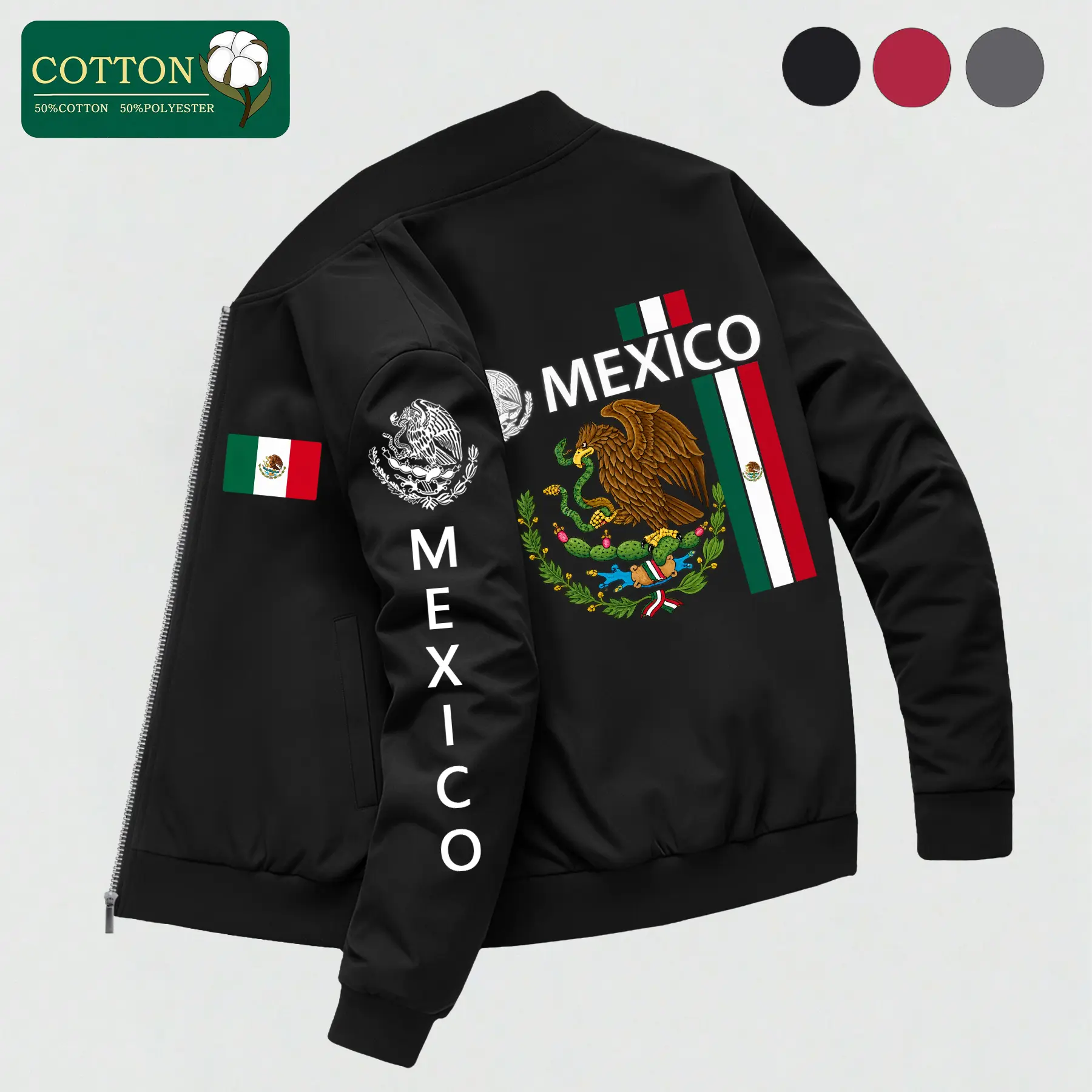 Men's 50% Cotton 50% Polyester Vintage Crew Neck Jacket, Long Sleeve Fall Winter Outerwear with Mexican Eagle Print & Abstract Geometric Letter Graphics, Feature Pockets, American Retro Casual Streetwear