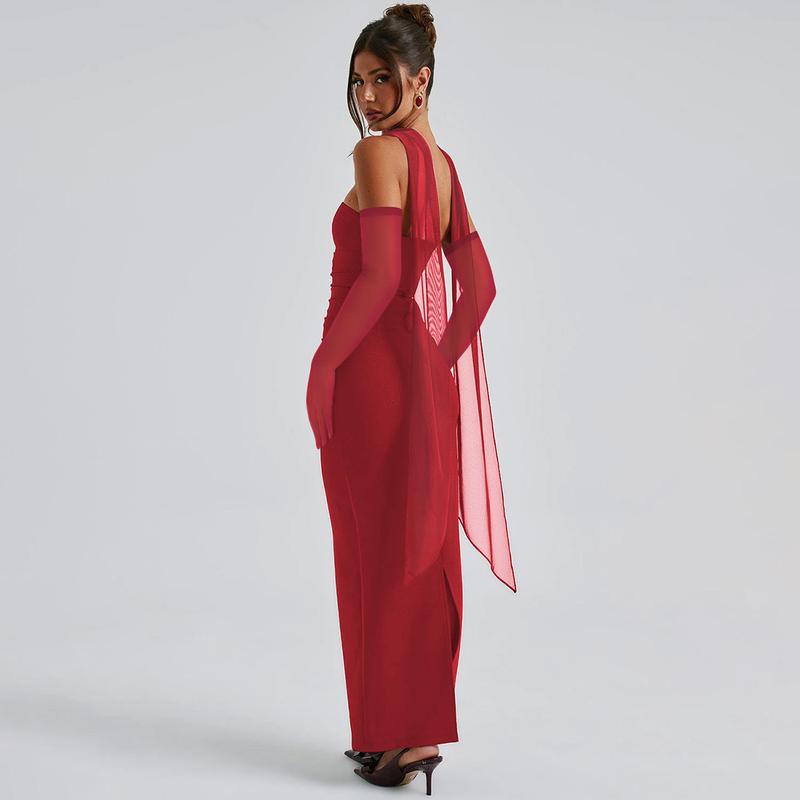 Strapless Mesh Neck Tie Long Sleeve Bodycon Maxi Dress for Women's Summer Sexy Evening Party Club Dating Gown Beach Vacation Dresses Outfits