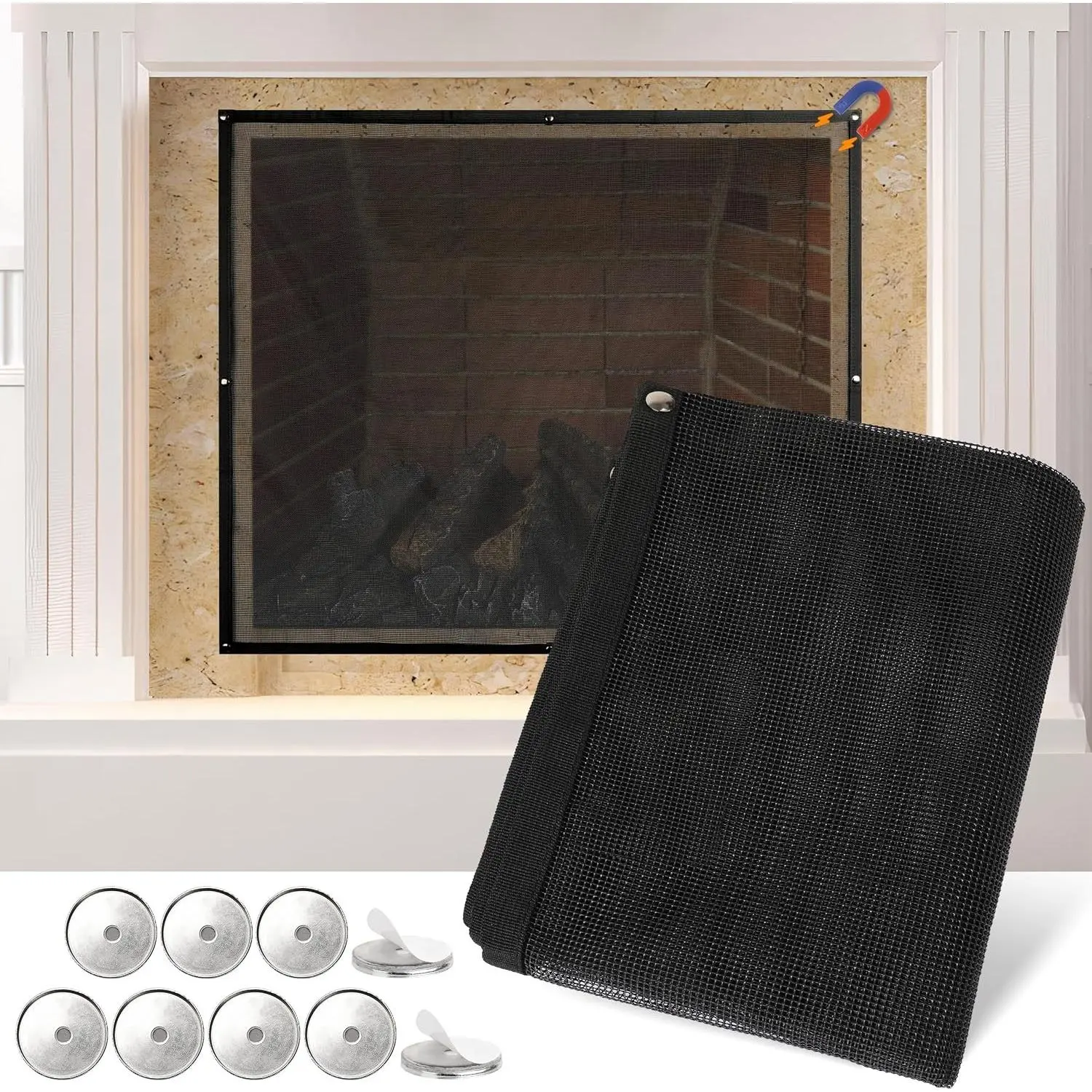 Mesh Fireplace Cover, 36" x 30" Magnetic Fireplace Screen Covers with Adhesive Metal Sheets Fit for Any Fireplaces, Black Fireplace Guard Gate Protector for Living Room