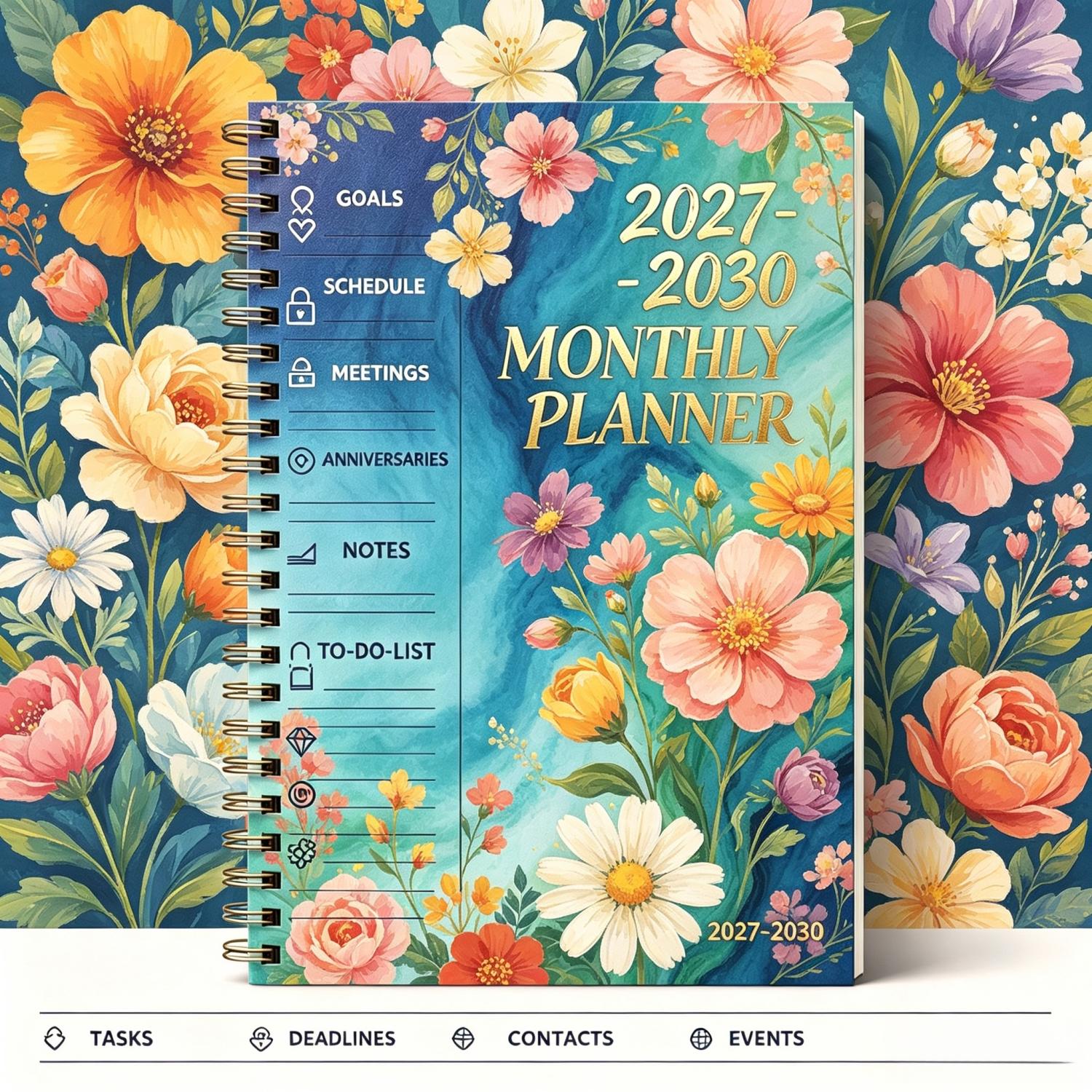 2027-2030 Monthly Planner/Calendar, Office Planner, 4-Year Monthly Planner, Colorful Flower Themed Cover Design Notebook, Yearly Calendar Planning, Monthly Tabs, 48-Month Calendar, 5.5 x 8.3 Inches, Thickened Paper, Elastic Cover, Durable