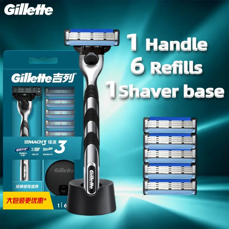 Gillette Mach3 Razor, Manual Men's Shaver, 1 Handle, 6 Blades, 1 Base, 3-Blade System, Stainless Steel, Face Application