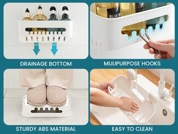 TAILI Shower Caddy Suction Cup, Heavy Duty Bathroom Shower Organizer, Removable Shelf for Inside Shower, Shampoo, Wall Mounted Plastic Shower Storage for Bathroom Accessories, White organizer rack inside shower