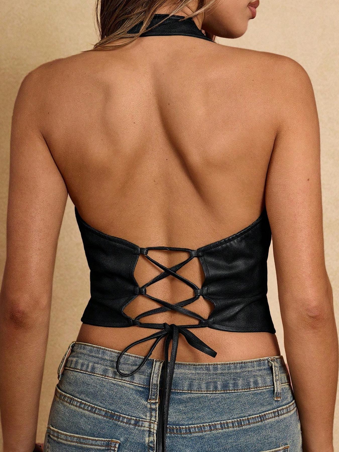 Women's Backless Waist Cinched Sleeveless Vest, Summer Fashion, PU Material, Fitting, Plain Pattern, Casual Wear