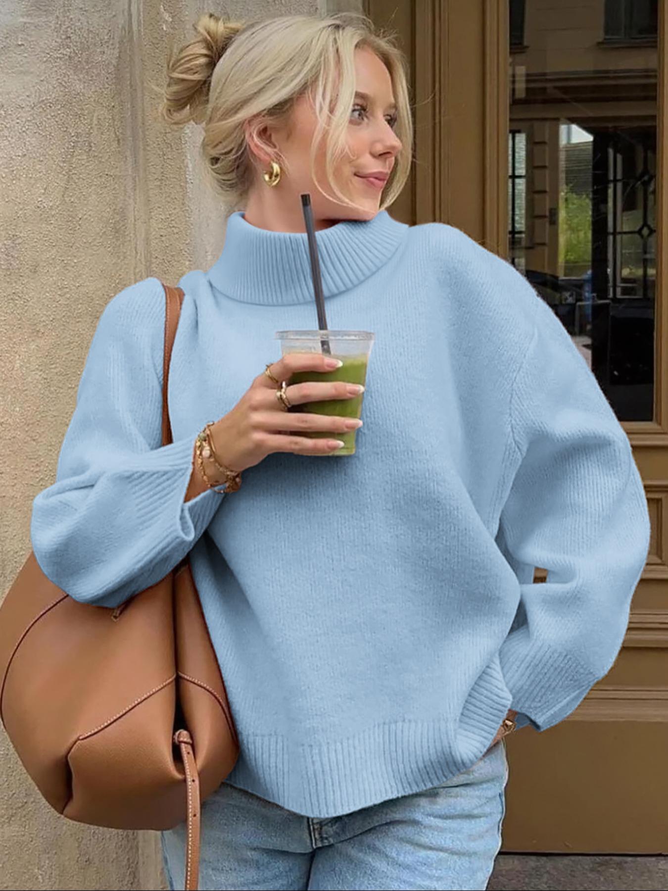 Solid Color Casual High Neck Long Sleeve Sweater, Thin Fabric Fitted Style for Fall & Winter, Comfortable Women's Knitwear, Knitted Clothes