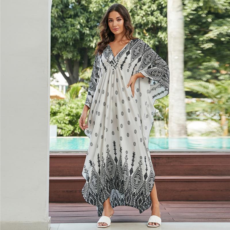 Bsubseach Women Ethnic Print Kaftan Dress ，Plus Size All Over Print  Sleeve TunicDress, Boho Casual V Neck 3/4 Sleeve TunicDress for Women, Women's Plus Cover Up,Mrs. Roper Kaftan ，bubu，mumu，Casual Womenswear Summer Bohemian