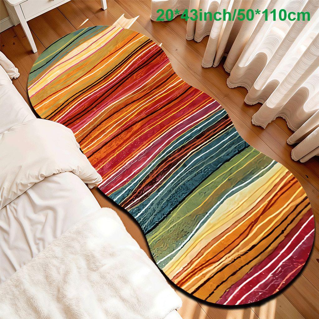Boho Rainbow Stripe Velvet Carpet, Non-Slip, Ideal for Bedroom, Room, Entryway, Bathroom, All Seasons, Durable & Easy Care