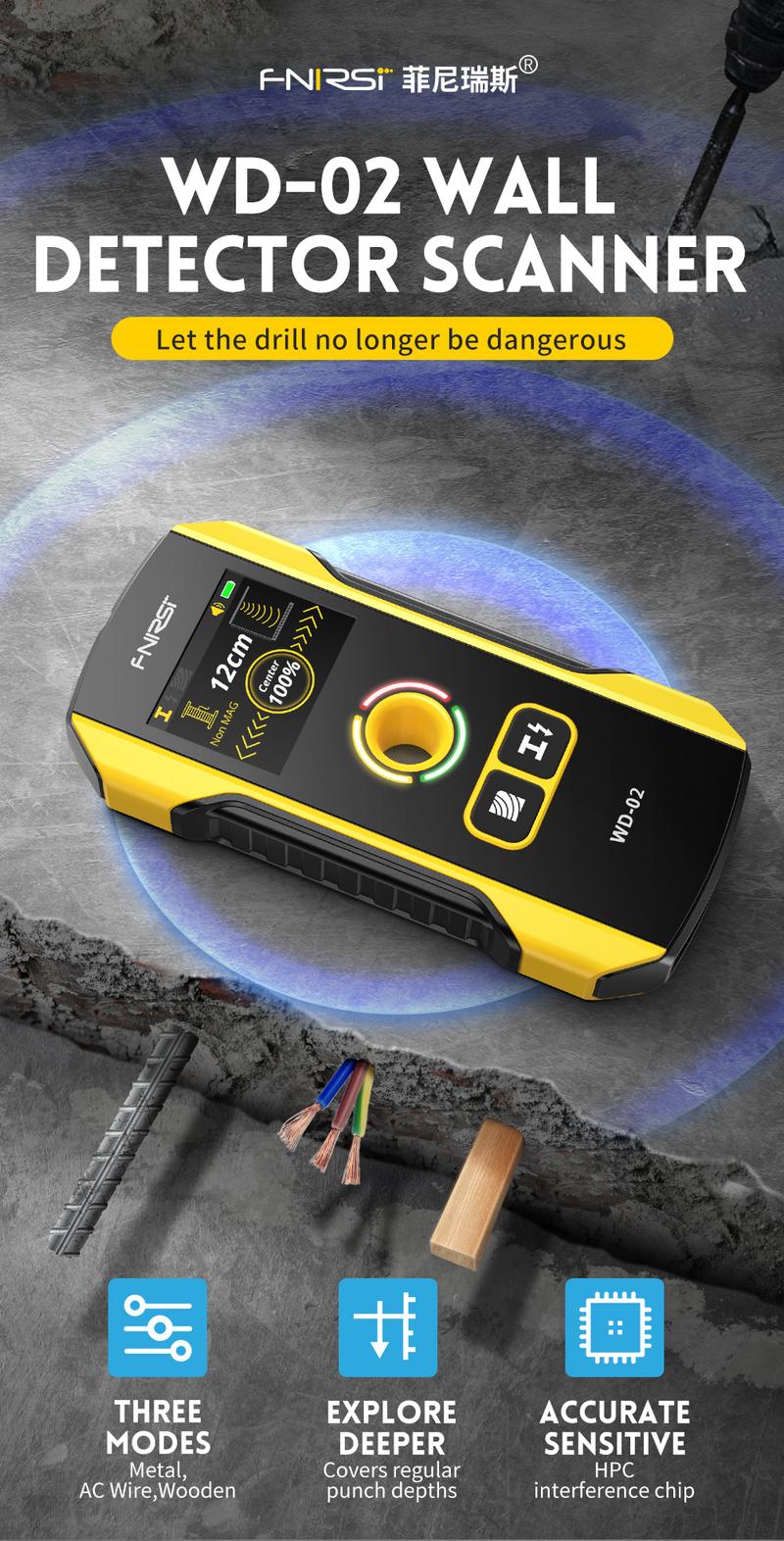 FNIRSI WD-02 Wall Detector Stud Finder Portable Precise Positioning TFT Display AC Live Cable Wires Metal Wood Stud Wall Scanner Tool Hardware with Clear Depth Gauge and Audible Alerts FNIRSI WD-02 Wall Detector Stud Finder Portable Precise Positioning TFT Display AC Live Cable Wires Metal Wood Stud Wall Scanner Tool Hardware with Clear Depth Gauge and Audible Alerts